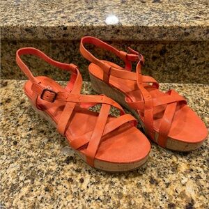 Eileen Fisher Peony Array Sandals Cork Platform Wedges Coral Pink Size 7